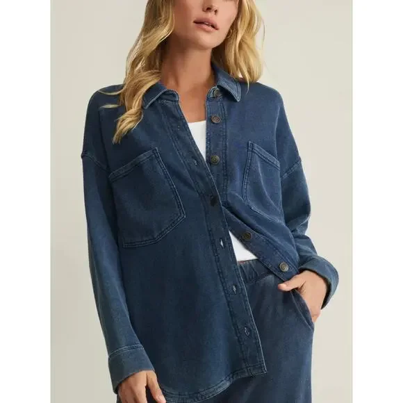 Z SUPPLY Set Med All Day Hunter Denim French Terry Shacket Pants Lounge Jacket - Picture 14 of 14